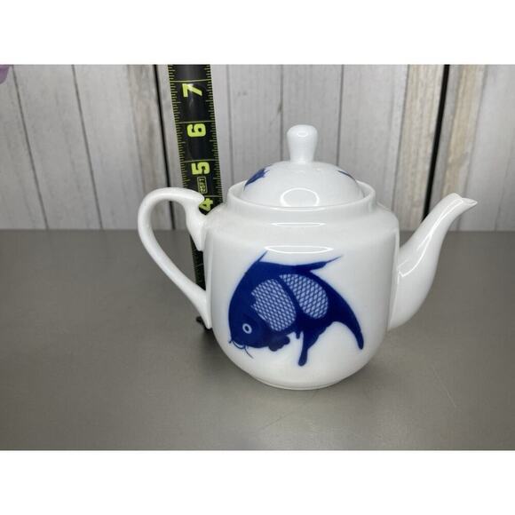 Vintage Misty Rose Koi Fish Teapot Super White China Cobalt Blue - Picture 6 of 7